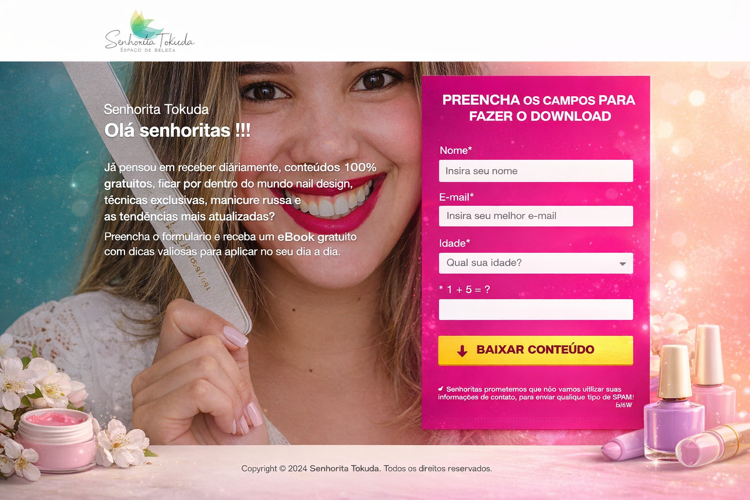 Landing page da Senhorita Tokuda com formulário para download de conteúdo